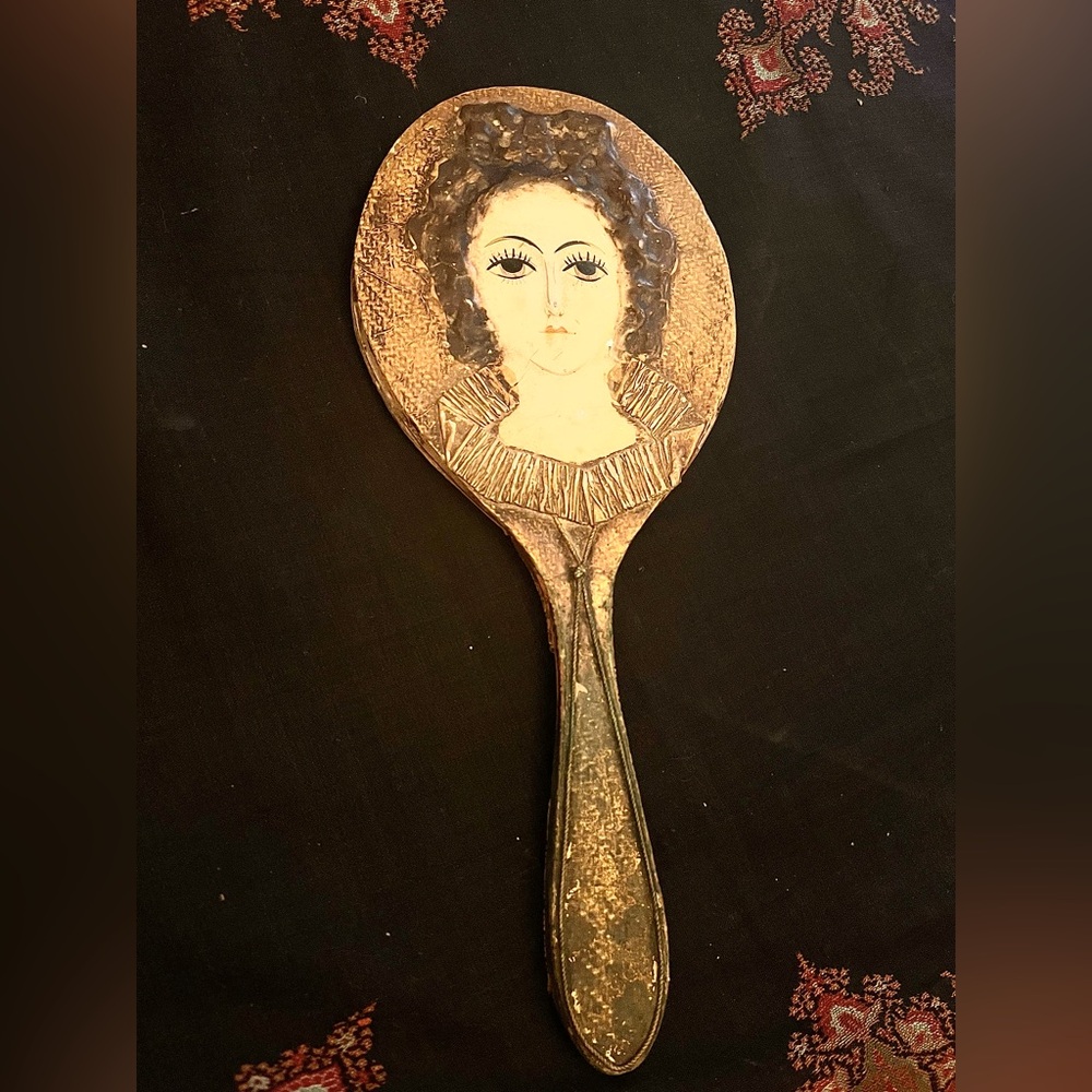 Hand Vanity Mirror Papier Mache 1960s Rare